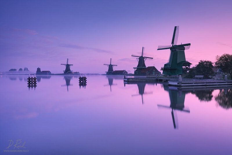 Netherlands, Nederland, Niederlande, Holland, North Holland, Holanda, Amsterdam, Zaanse Schans, Zaandijk, Zaanse, Zaandam, Zaanstad, Schans, Zaan, Zaanse, Europe, windmill, windmühle, windmühlen, windmills, mill, reflection, reflection, blue, blue sky, sk Morning at windmillsphoto preview