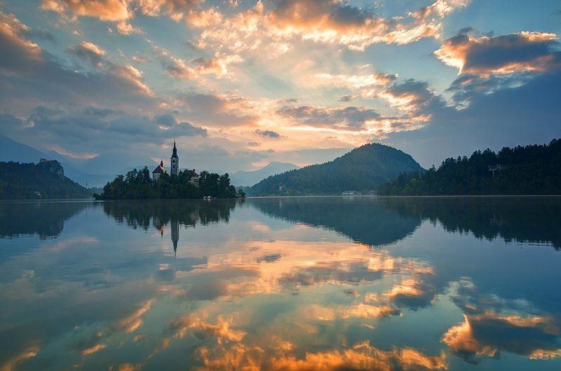 рассвет, Словения, озеро, Блед, пейзаж, отражение Бледский рассветphoto preview