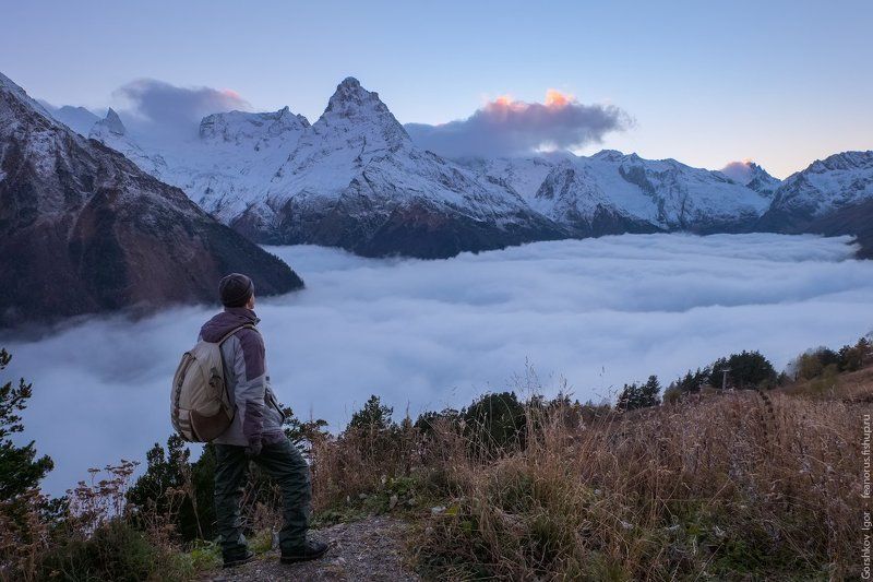 домбай, горы, кавказ,туман, осень, автопортрет,странник,путешественник, пейзаж,вечер,облака,вершины Странник над морем туманаphoto preview