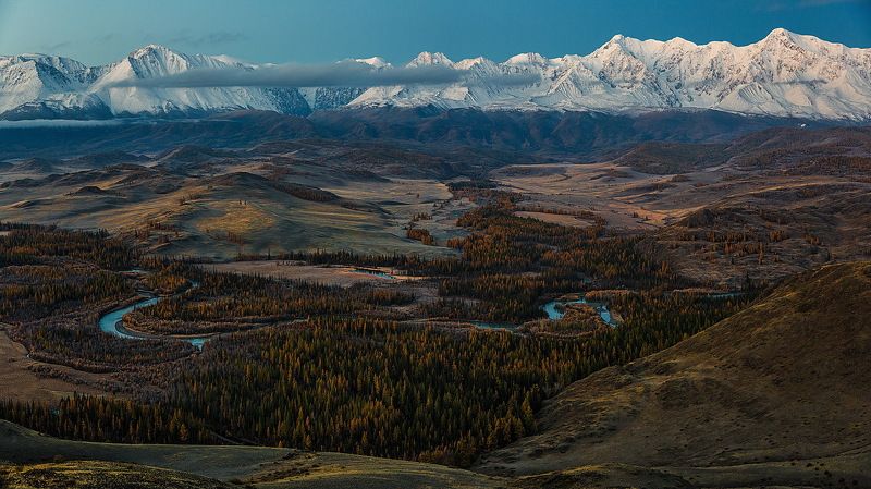 Алтай, осень, Курайская степь, Чуя, Актру, Куркурек, Северо-Чуйский хребет, рассвет, панорама, серия Курайская степь до, во время и после рассветаphoto preview