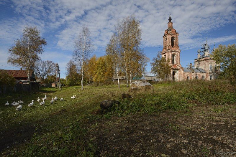 Ивановская область, Приволжский район, Красинское, Храм, Село, Сельский пейзаж, Глубинка, Осень, Золотая Осень Тёплый денёк в Красинскомphoto preview