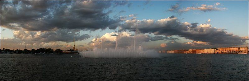 питер, петербург, город, река, нева, стрелка, васильевский, заячий, остров, петропавловская крепость, петропавловка, фонтан, вода, закат, облако, небо, панорама, dyadyavasya Панорама вечернего парадного Петербургаphoto preview
