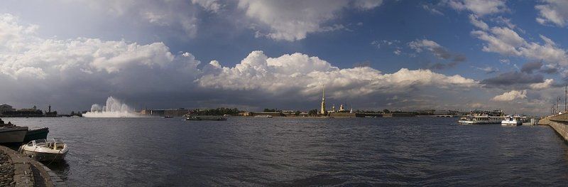 нева, облака, панорама, фонтан, катер Невский просторphoto preview