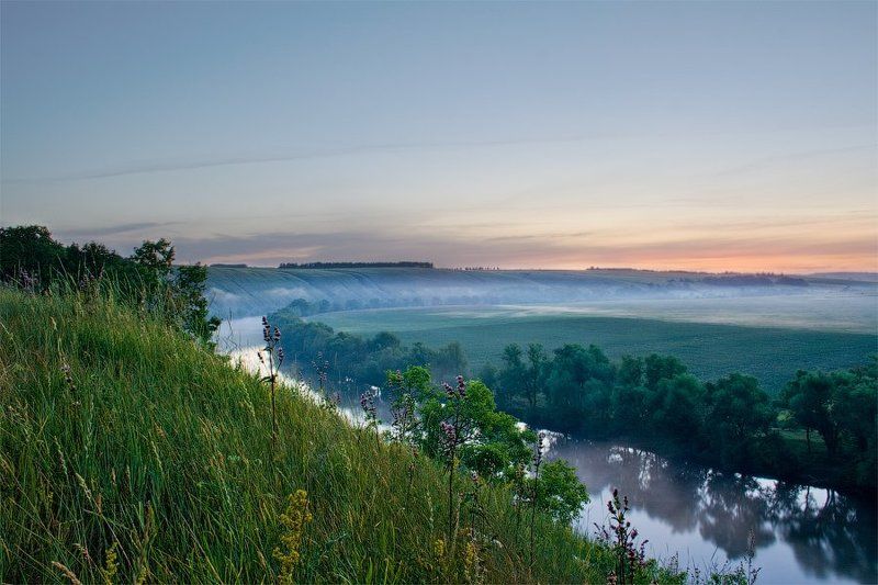 лето, пейзаж, рассвет, река, туман, тульская область Красивая мечтаphoto preview
