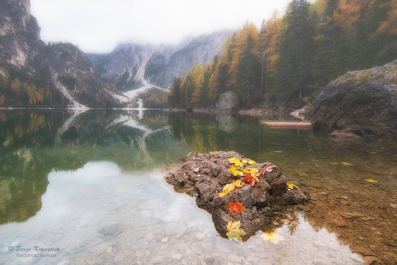 autumn, dolomiti, lake, reflection, water, leaves, yellow, red, stone Autumn on Lago di Braiesphoto preview