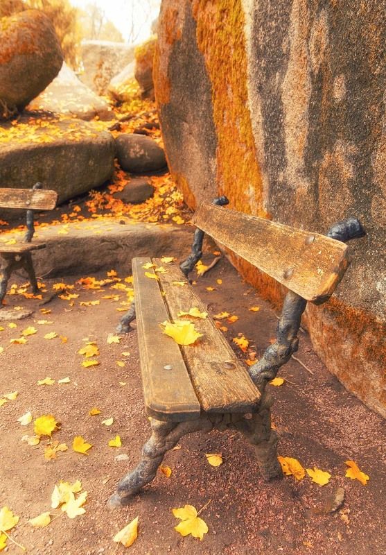 Скамья, осень, листья, камень, холод, слолнечно Ожидание...photo preview