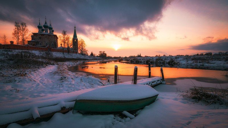 дунилово, церковь, лодка, река, мороз, закат, мостик, осень, ноябрь, river, boat, sunset, olegbeliy Холодный вечер Ноября... photo preview