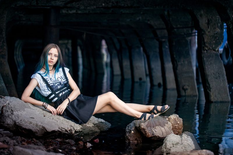 Girl, woman, water, blue, rocks beautiful, river, ship Морячкаphoto preview