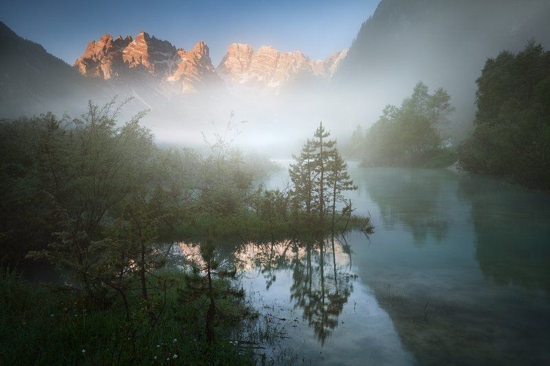 alpen, alps, dolomiten, dolomites, dolomiti, italia, italien, italy, south tyrol, alto adige, sexten, sesto, lago di landro, landro, lago, water, lake, tyrol, trentino, europe, travel, summer,  lago, summer landscape, daniel rericha, mysterious lake, morn Mystical morning on the lakephoto preview