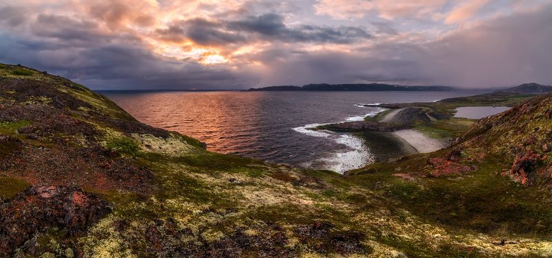 природа, пейзаж, кольский, север, лето, панорама, море, восход, утро, рассвет, баренцево, берег, дождь, тучи *photo preview