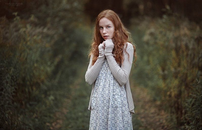 рыжая, осень, девушка, веснушки, дорога  girl with frecklesphoto preview