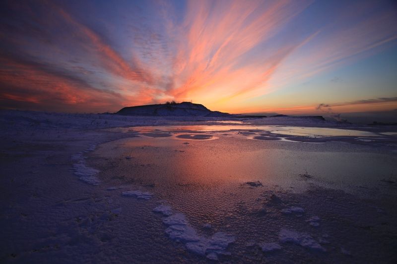 закат, облака, краски, красный, озеро, лед, зима,  Краски закатаphoto preview