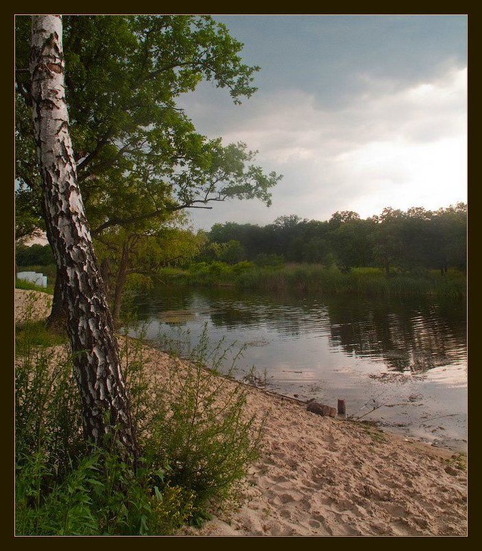 речка, перед, дождем, береза, песчаный, берег, удочка за городом...photo preview