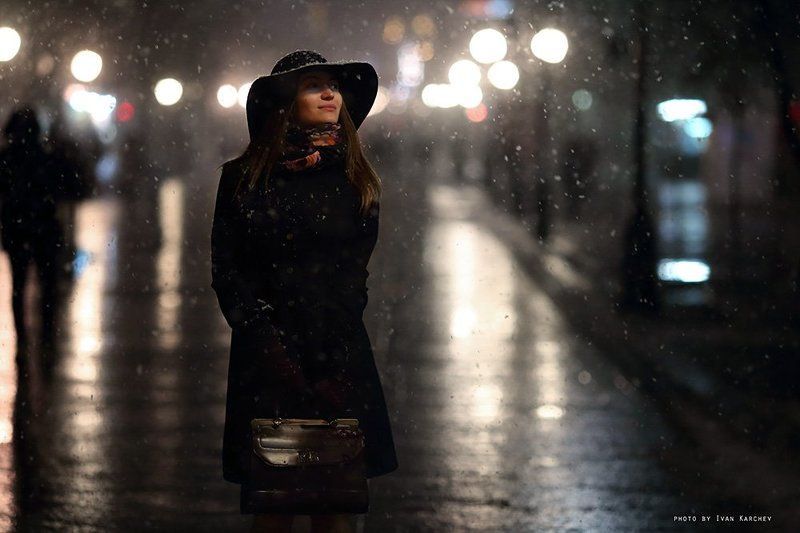 girl, female, snow, snowflake, evening, street, city, walk, lights, snowfall snowflakesphoto preview