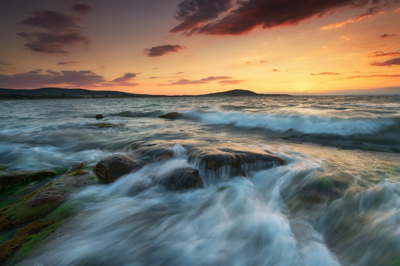 sun, sunset, sea, sky, water, reflection, shore, rocks, clouds, colors, travel, nature, golden hour, rocks, Летний закатphoto preview