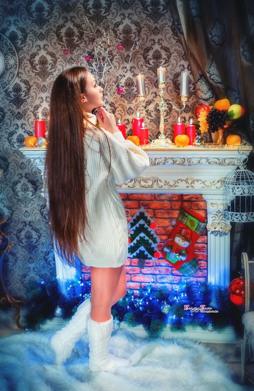 девушка, камин, новый год, новогодний проект, новогодняя фотосессия, свечи, Настя и медведи... фото превью