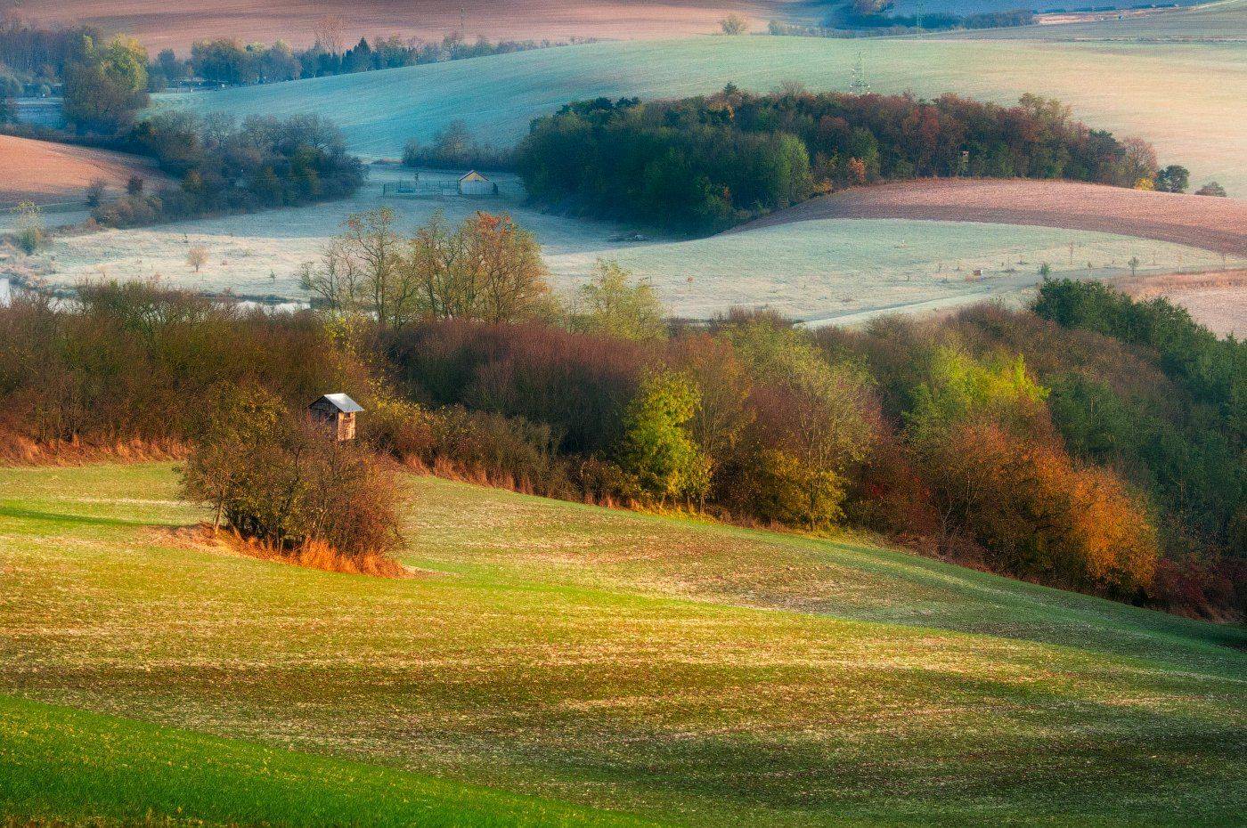 Лоскутки зимы и осени. Автор: Cтанислав Малых Моравия, волны, поля, осень, деревья, утро, рассвет, ноябрь, Cтанислав Малых