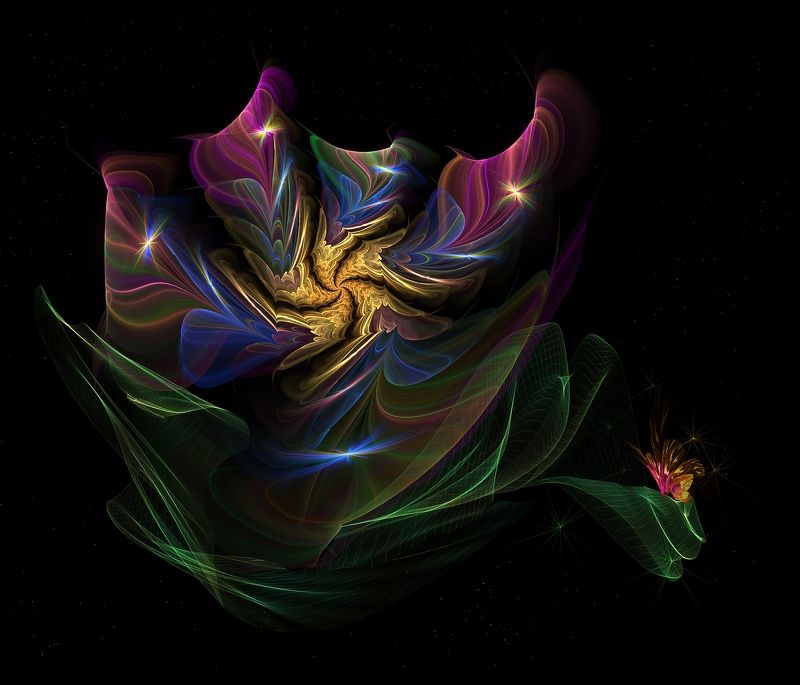 цветок,бабочка,краски,листья,абстрактныйцветок на чёрном фоне Magic flowerphoto preview