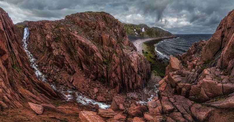 природа, пейзаж, кольский, север, лето, панорама, море, баренцево, берег, тучи, водопад, скалы, photo preview