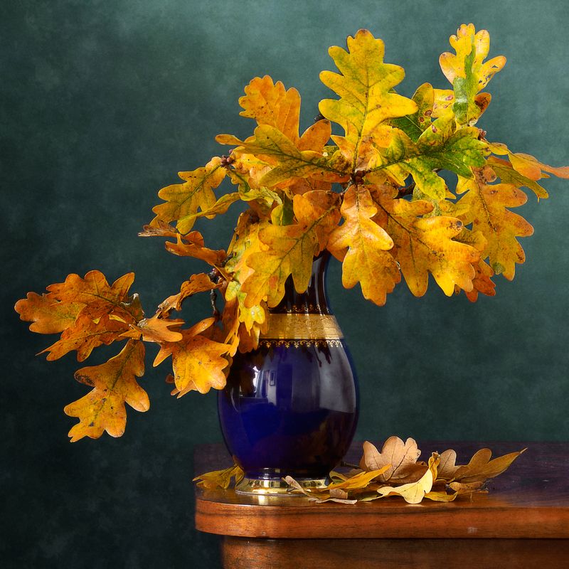 Классический, натюрморт, букет, дубовый, ветки, желтые, листья, темно-синий, ваза, осень, домашний, интерьер Дубовые листьяphoto preview