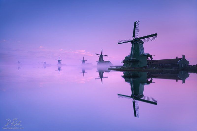 Netherlands, Nederland, Niederlande, Holland, North Holland, Holanda, Amsterdam, Zaanse Schans, Zaandijk, Zaanse, Zaandam, Zaanstad, Schans, Zaan, Zaanse, Europe, windmill, windmühle, windmühlen, windmills, mill, reflection, reflection, blue, blue sky, sk Magical morning at windmillsphoto preview
