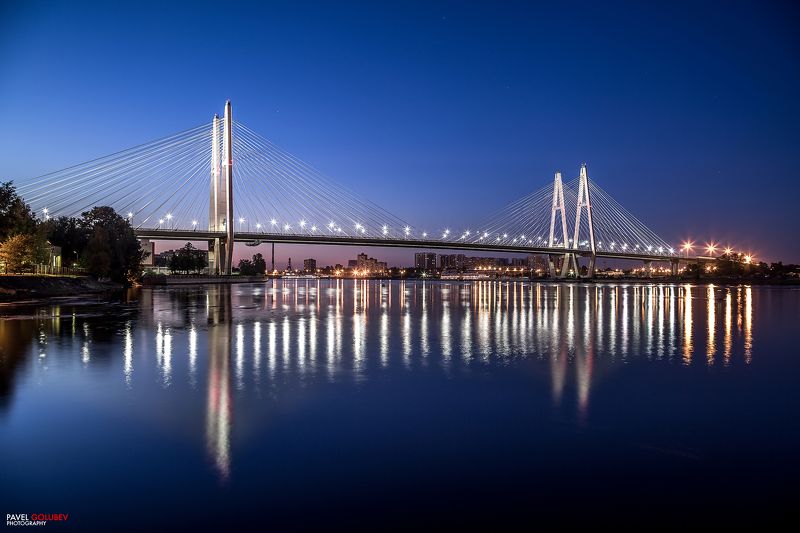 Россия, город, Санкт-Петербург, Питер, СПб, Вантовый мост, мост, река, Нева, вечер, сумерки, закат, golubevphoto Вантыphoto preview