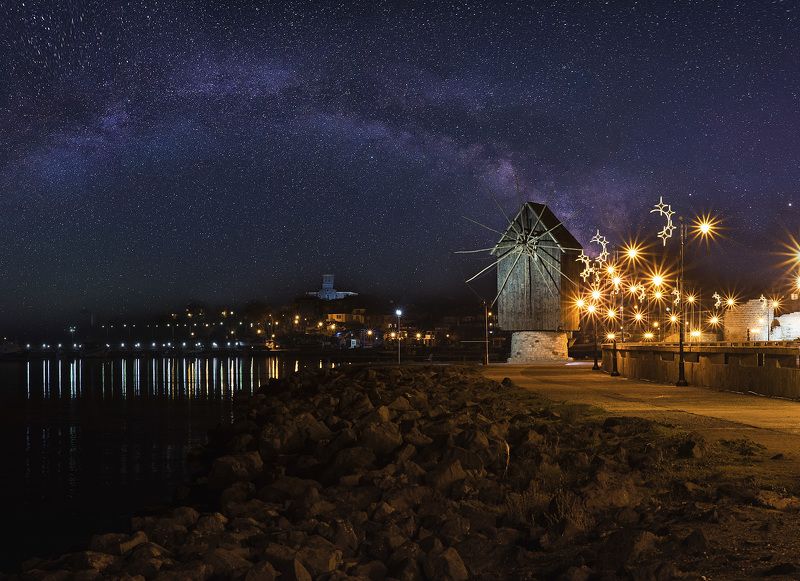 windmill, church, nesebar, milky way, starry night Старый город Несебр ,мельница и церковь/ Nessebar old town, mill and the churchphoto preview
