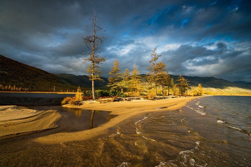 колыма, озеро джека лондона, река пурга, магаданская область, россия, озеро, утро, рассвет, лиственницы, волны, ветер, песок, берег На всех парусахphoto preview