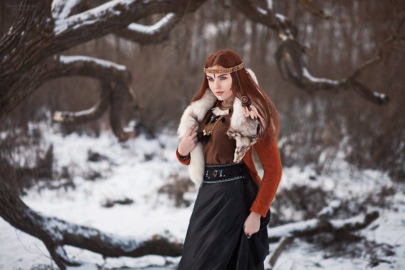 мех, снег, зима, дерево, колдунья, перья, рыжая, модель Nortphoto preview