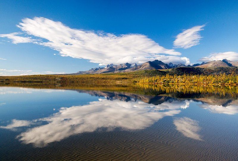 колыма, озеро джека лондона, коса биологов, магаданская область, россия, озеро, горы, хребет аннагачак, утро,  отражение, облака, лиственницы, осень Птица Колымаphoto preview