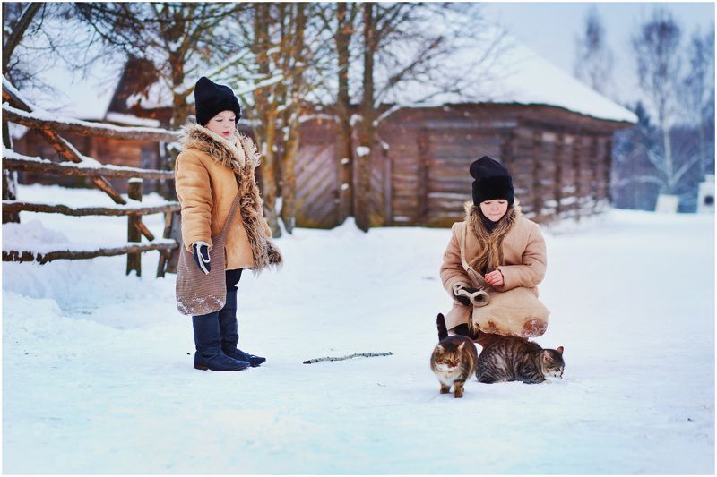 дети, малчики, кот, зима По дороге в школуphoto preview