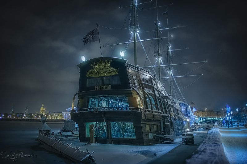 корабль, ночь, зима, санкт-петербург, питер, набережная photo preview