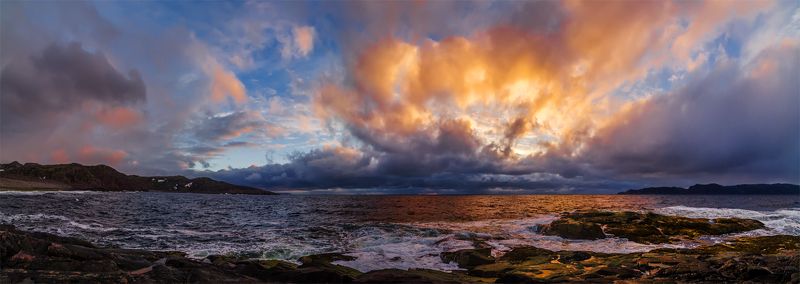 Баренцево море, Берег, Закат, Кольский, Кольский п-ов, Лето, Море, Небо, Облака, Панорама, Пейзаж, Прибой, Природа, Север, Териберка 50 оттенков севераphoto preview