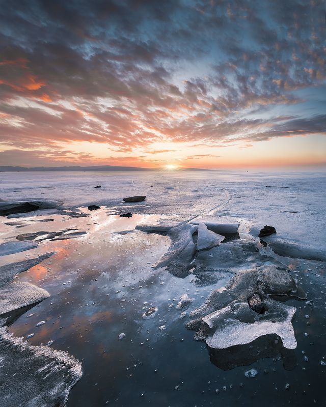 sunset, winter, ice, lake, water, sky, nature, landscape Fire and icephoto preview