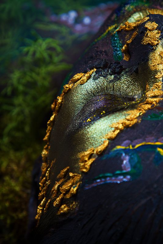 people, girl, portrait, maze, labyrinth, land, mountains, terrain, grass, moss, paint, makeup, art, body painting, face, head, stones, nature, eyes, eyelashes, nose, skin, hill, yellow, green, black, way labyrinthphoto preview