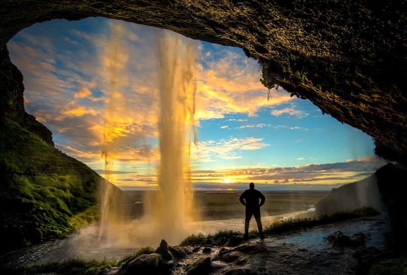 Waterfall, sunset, Iceland Waterfall sunset, Icelandphoto preview