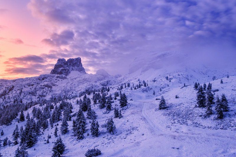 Italy, Dolomites, snow, frozen, winter, clouds, passo Falzarego Dolomitesphoto preview