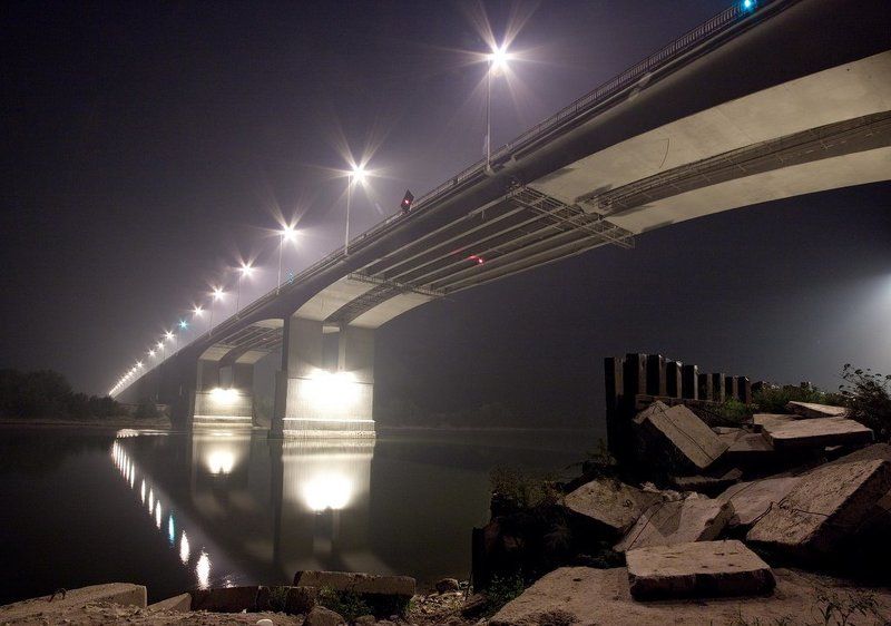 мост, ока, ночь, свет, фиолетовый, белый, река, вода, отражение, камни, сооружение, постройка, bridge, рязань, ryazan, river, night, light, violet, white, cold, stone, construction Мостphoto preview