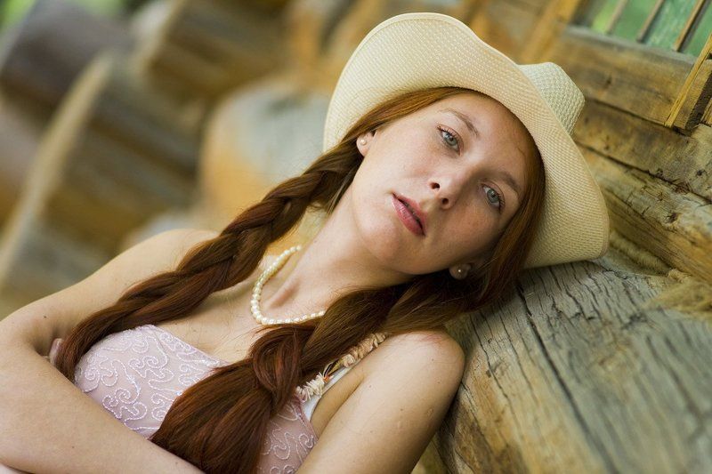 кантри, девушка, шляпа, рыжая, изба photo preview