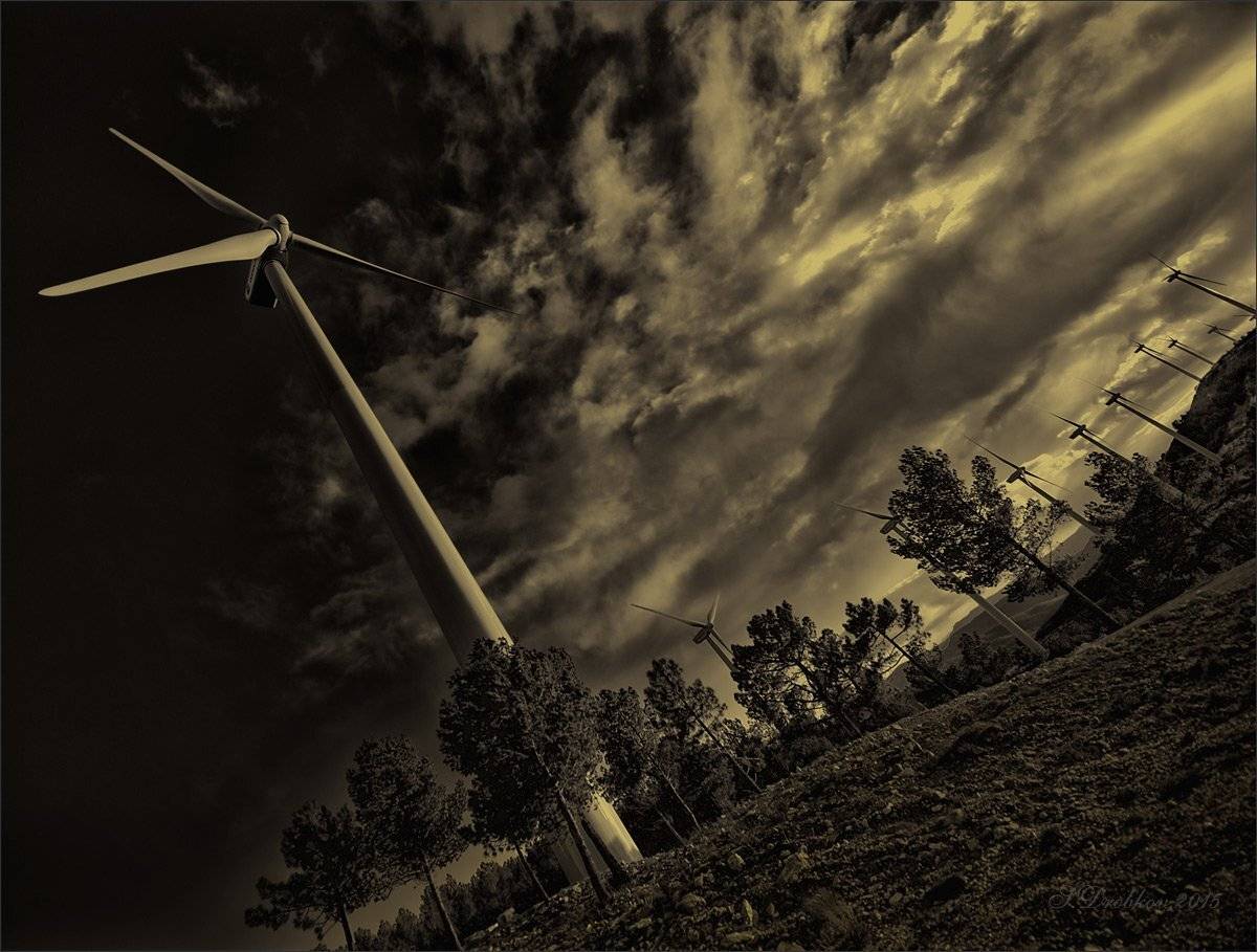 ветряк, небо, облака, ч/б, Sergey Drobkov