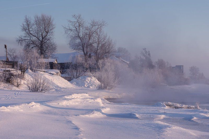 зима, вечер, река, туман, снег, деревья, берег, архангельск Морозный вечерphoto preview