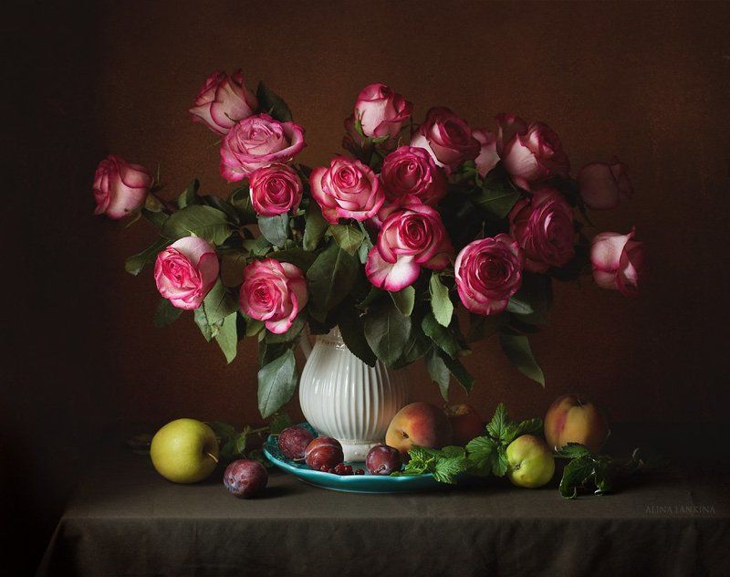 натюрморт, розы, букет, цветы, фрукты, лето ***photo preview