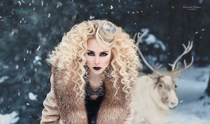 Олень, зима, девушка, фентази, блондинка, снег  Оленья сказка photo preview