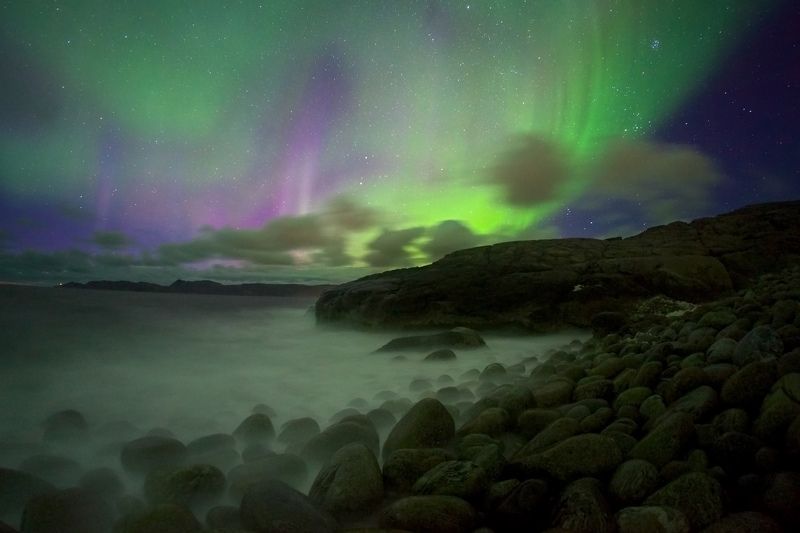 полярное сияние, ночь, Териберка, Баренцево море, пляж, валуны Краски севераphoto preview
