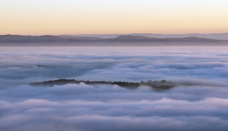 sun, sunset, mountain, landscape, sky, fog, island \