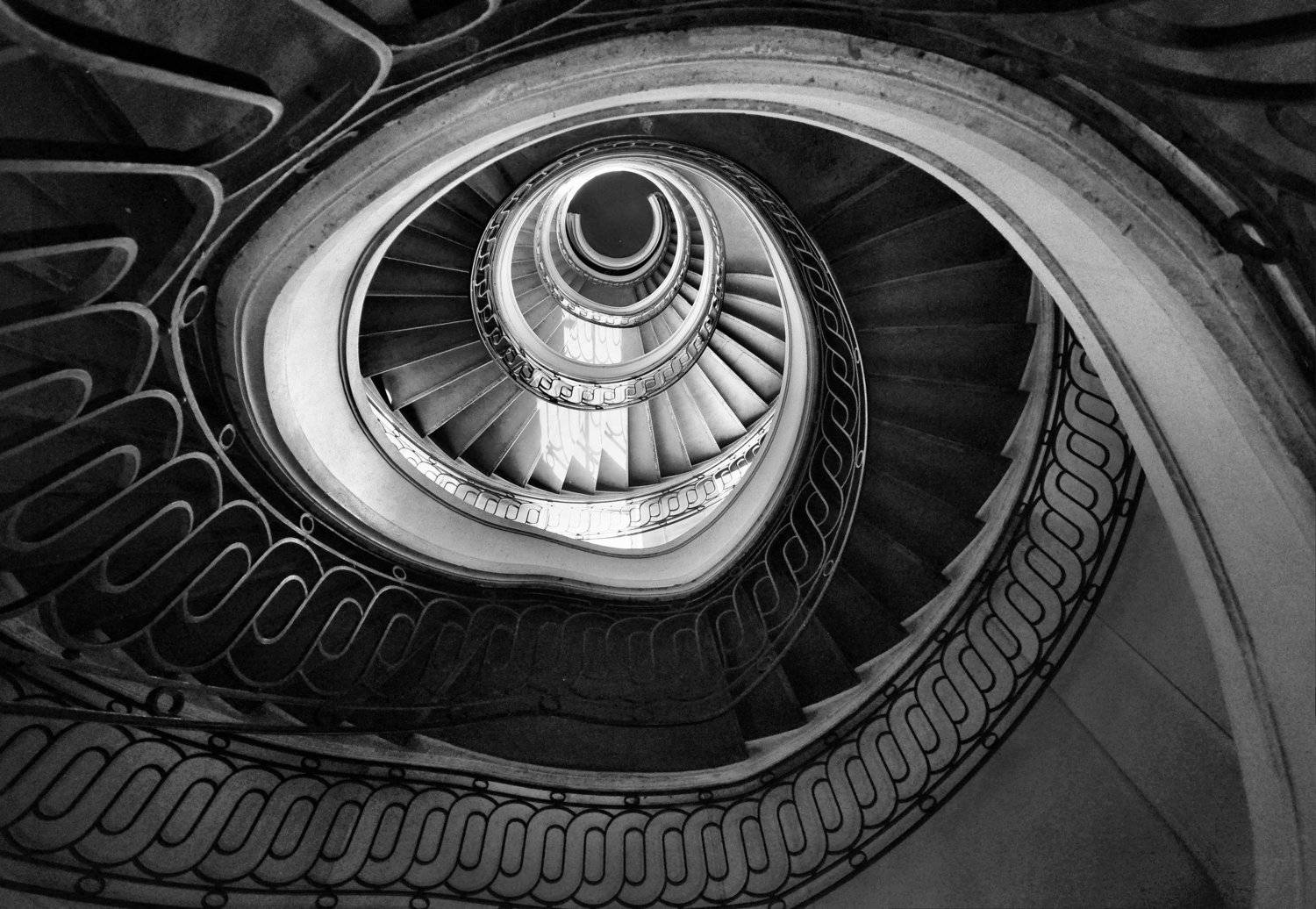 Дом пернатого змея. Автор: Nikolai Endegor staircase, architecture, spiral, france, paris, interior, serpent, depth, black and white, Nikolai Endegor