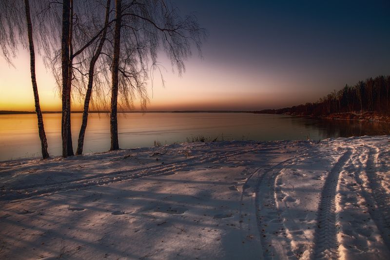 зима, вечер, закат Зимним вечером фото превью