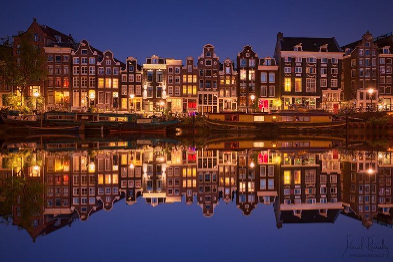 Netherlands, Nederland, Niederlande, Holland, North Holland, Holanda, Amsterdam, Amsterdam icon, Europe, city, beautiful city, night city, ships, boat, old houses, houses, reflection, reflection, blue, blue sky, sky, colorful, blue hour, sunset, canals, c Evening in Amsterdamphoto preview