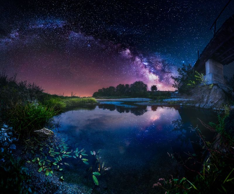 astrophotography, astroscape, astronomy, galaxy, milky way, nightscape, night, sky, stars, long exposure, nature, bulgaria, space, panorama, river, summer Kingdom of Frogsphoto preview