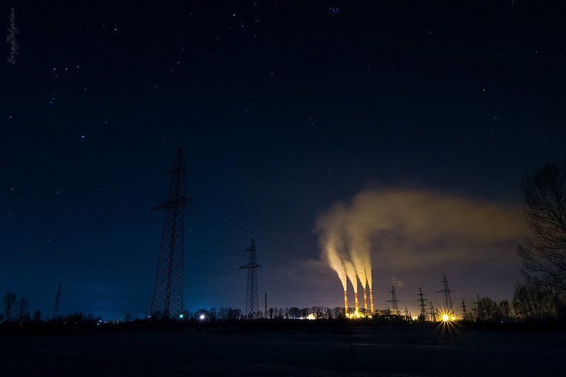 Томь-Усинская, ГРЭС, ночь, зима, звёзды, звёздное небо, созвездия, ЛЭП, электростанция Светphoto preview